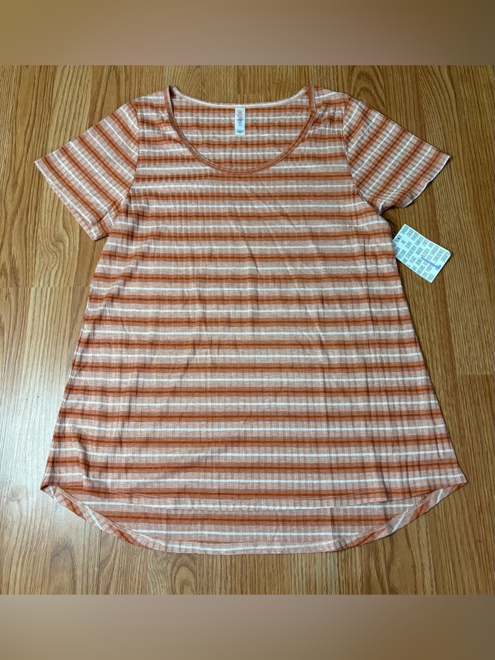 LuLaRoe Orange and White Striped Short Sleeve Scoop Neck Top